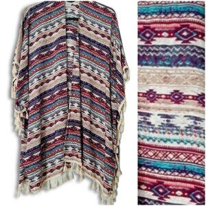 KISMET Light Boho Colorful Patterned Kimono Poncho Fringe Trim Southwestern OS